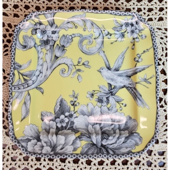 Set of 3 222 Fifth Square Salad Plates Adelaide Yellow Floral Bird Theme 6" - Picture 3 of 7